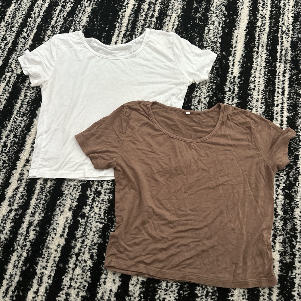 Basic Cropped Crew Neck Tee Duo - White & Brown
